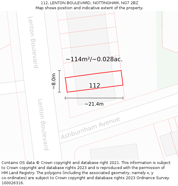 112, LENTON BOULEVARD, NOTTINGHAM, NG7 2BZ: Plot and title map