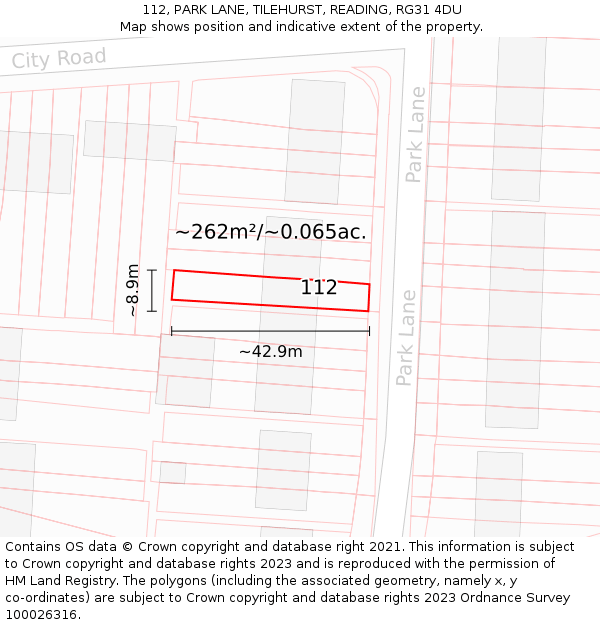 112, PARK LANE, TILEHURST, READING, RG31 4DU: Plot and title map