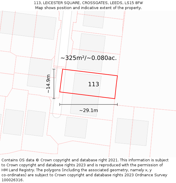 113, LEICESTER SQUARE, CROSSGATES, LEEDS, LS15 8FW: Plot and title map