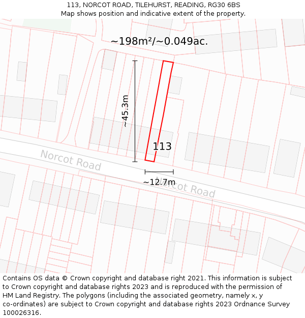 113, NORCOT ROAD, TILEHURST, READING, RG30 6BS: Plot and title map