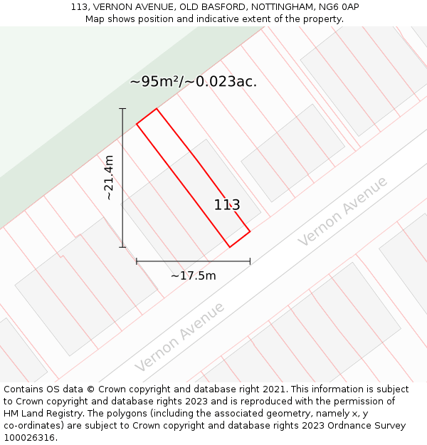 113, VERNON AVENUE, OLD BASFORD, NOTTINGHAM, NG6 0AP: Plot and title map