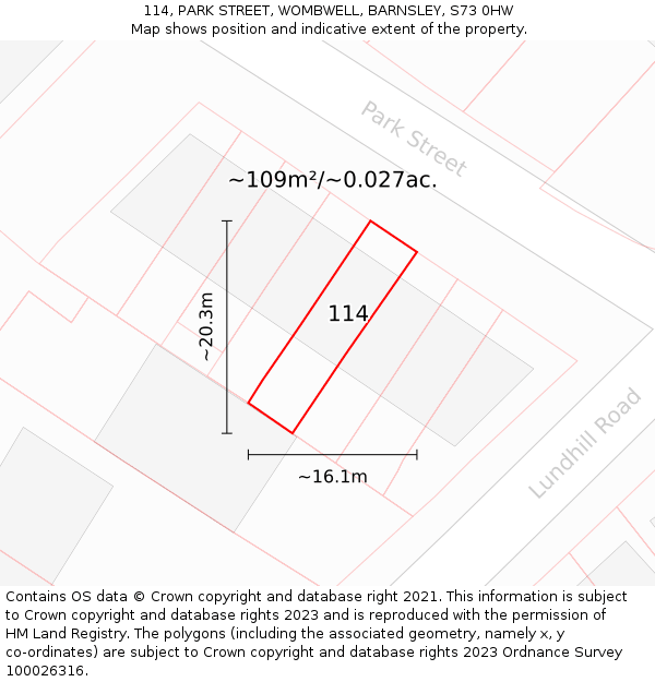 114, PARK STREET, WOMBWELL, BARNSLEY, S73 0HW: Plot and title map