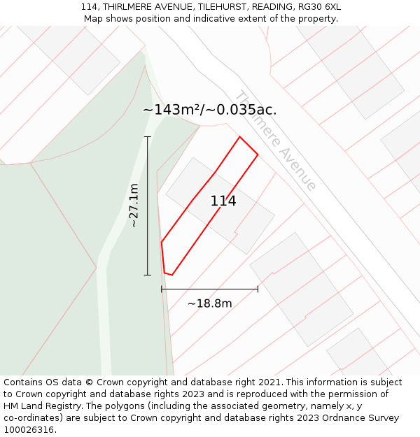 114, THIRLMERE AVENUE, TILEHURST, READING, RG30 6XL: Plot and title map