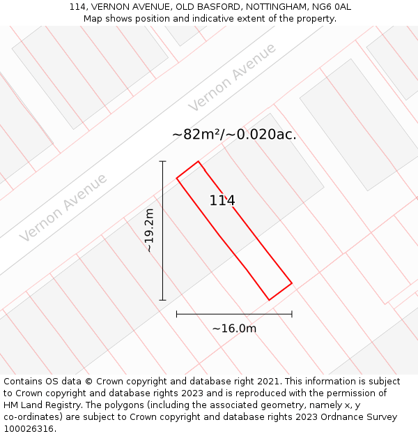 114, VERNON AVENUE, OLD BASFORD, NOTTINGHAM, NG6 0AL: Plot and title map
