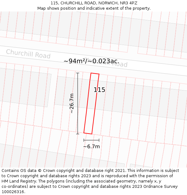 115, CHURCHILL ROAD, NORWICH, NR3 4PZ: Plot and title map