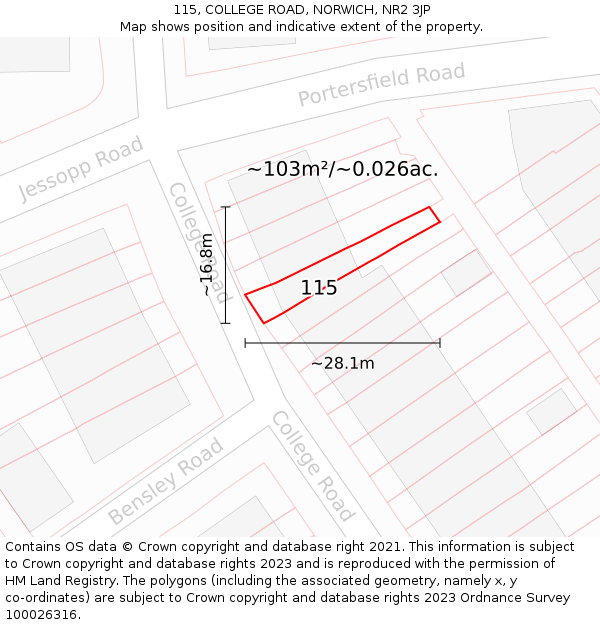 115, COLLEGE ROAD, NORWICH, NR2 3JP: Plot and title map
