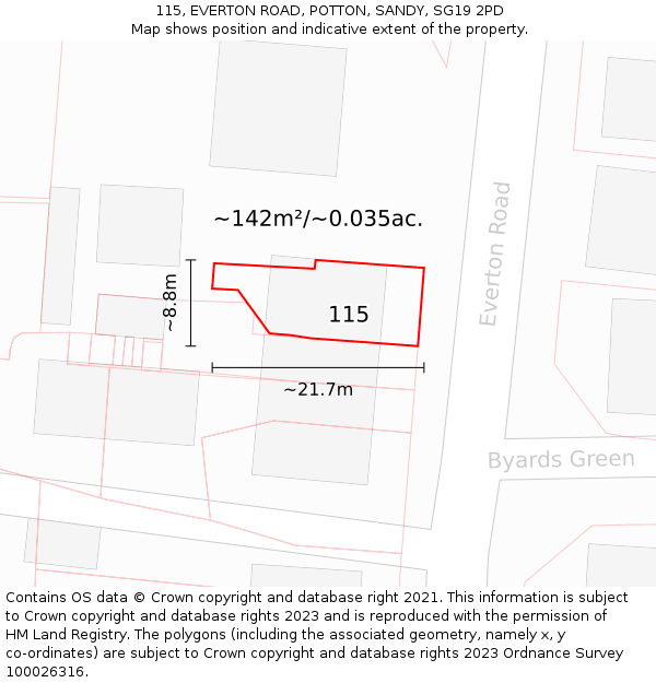 115, EVERTON ROAD, POTTON, SANDY, SG19 2PD: Plot and title map