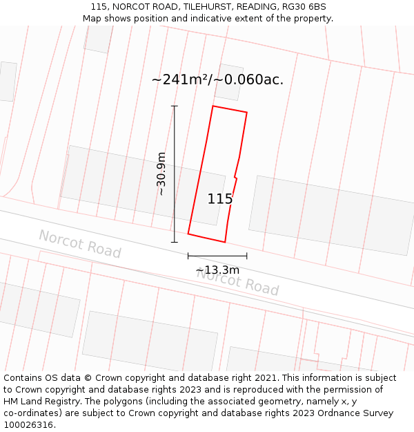 115, NORCOT ROAD, TILEHURST, READING, RG30 6BS: Plot and title map
