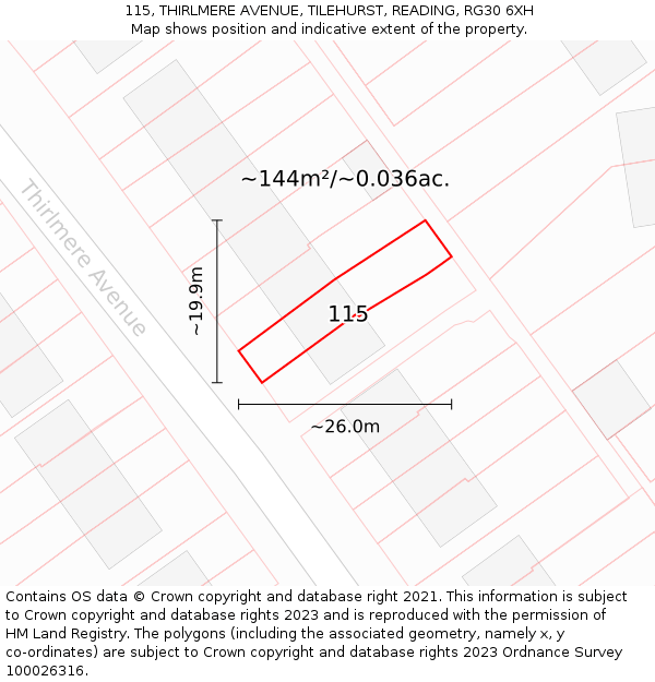 115, THIRLMERE AVENUE, TILEHURST, READING, RG30 6XH: Plot and title map
