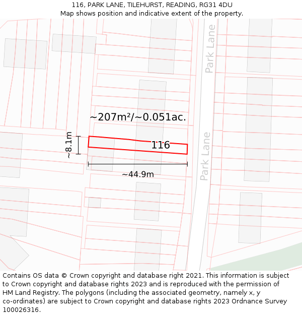 116, PARK LANE, TILEHURST, READING, RG31 4DU: Plot and title map