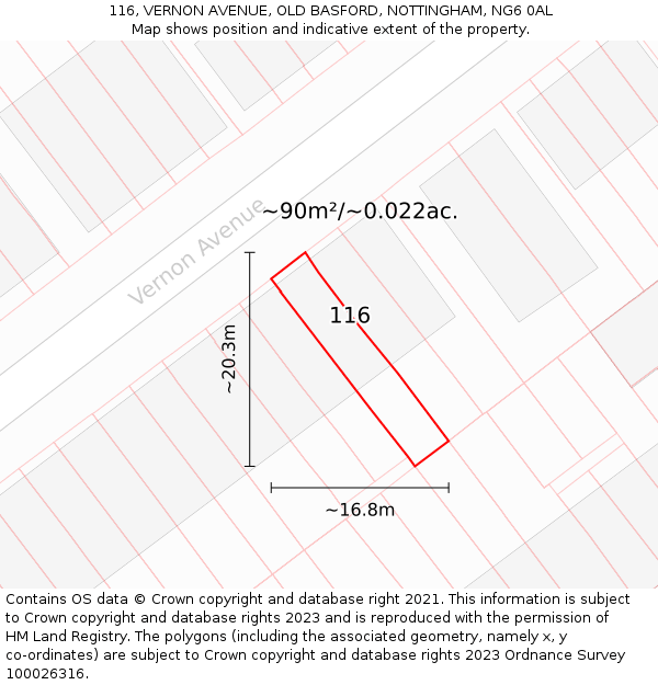 116, VERNON AVENUE, OLD BASFORD, NOTTINGHAM, NG6 0AL: Plot and title map