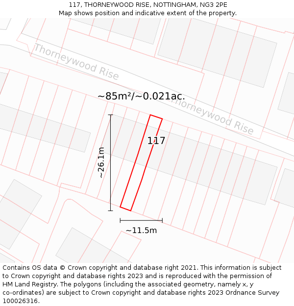 117, THORNEYWOOD RISE, NOTTINGHAM, NG3 2PE: Plot and title map