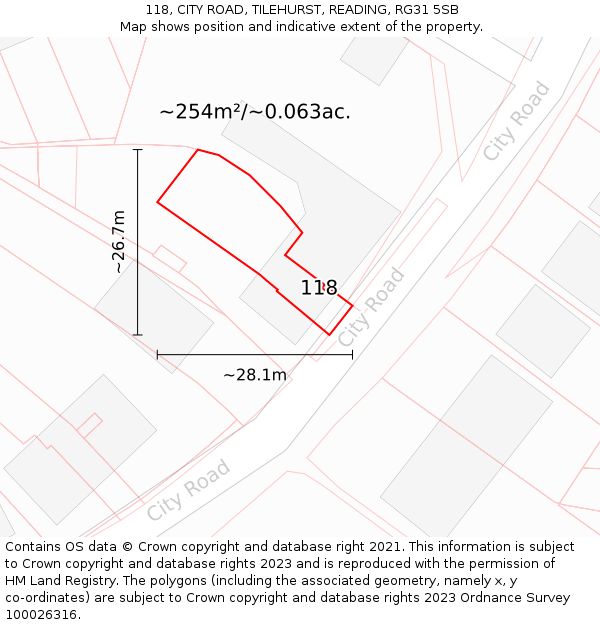 118, CITY ROAD, TILEHURST, READING, RG31 5SB: Plot and title map