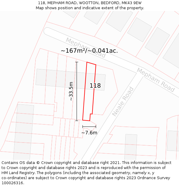 118, MEPHAM ROAD, WOOTTON, BEDFORD, MK43 9EW: Plot and title map