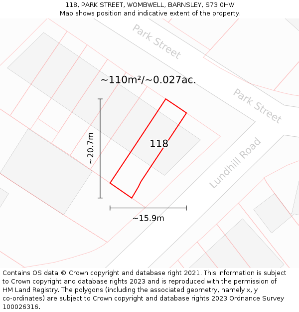 118, PARK STREET, WOMBWELL, BARNSLEY, S73 0HW: Plot and title map