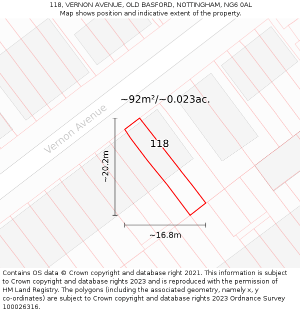 118, VERNON AVENUE, OLD BASFORD, NOTTINGHAM, NG6 0AL: Plot and title map