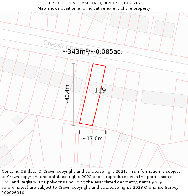 119, CRESSINGHAM ROAD, READING, RG2 7RY: Plot and title map