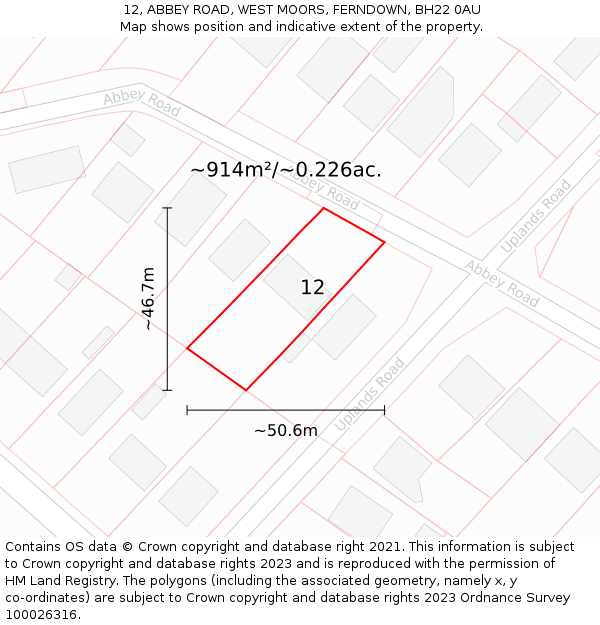 12, ABBEY ROAD, WEST MOORS, FERNDOWN, BH22 0AU: Plot and title map