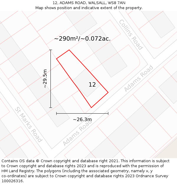 12, ADAMS ROAD, WALSALL, WS8 7AN: Plot and title map