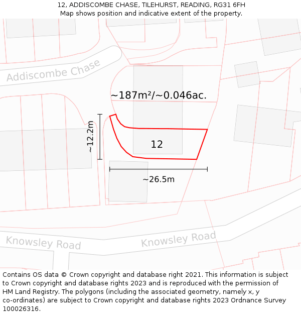 12, ADDISCOMBE CHASE, TILEHURST, READING, RG31 6FH: Plot and title map