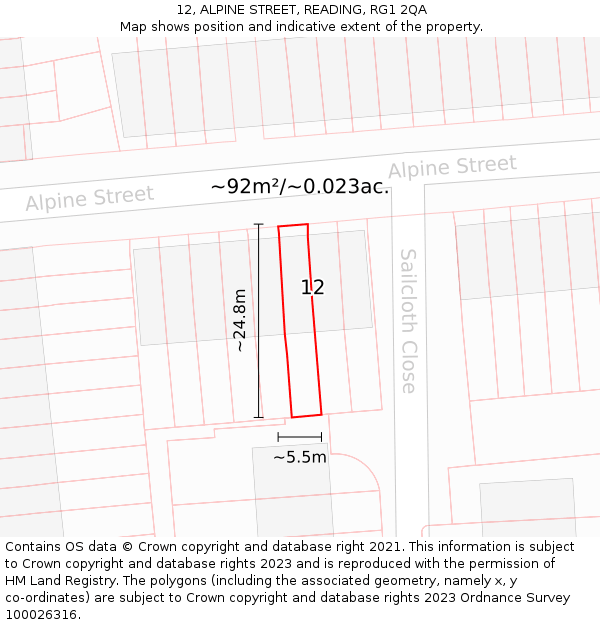 12, ALPINE STREET, READING, RG1 2QA: Plot and title map