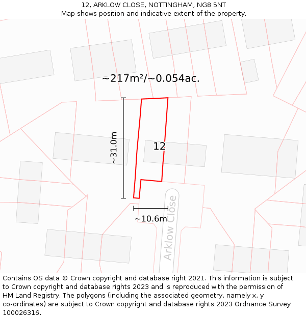 12, ARKLOW CLOSE, NOTTINGHAM, NG8 5NT: Plot and title map