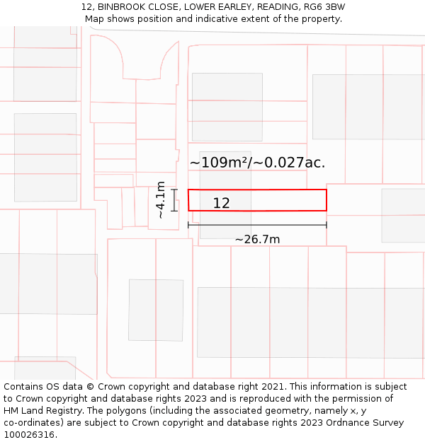 12, BINBROOK CLOSE, LOWER EARLEY, READING, RG6 3BW: Plot and title map