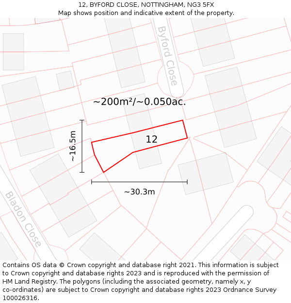 12, BYFORD CLOSE, NOTTINGHAM, NG3 5FX: Plot and title map