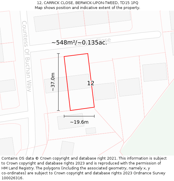 12, CARRICK CLOSE, BERWICK-UPON-TWEED, TD15 1PQ: Plot and title map