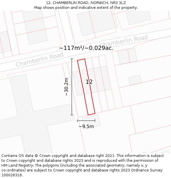 12, CHAMBERLIN ROAD, NORWICH, NR3 3LZ: Plot and title map