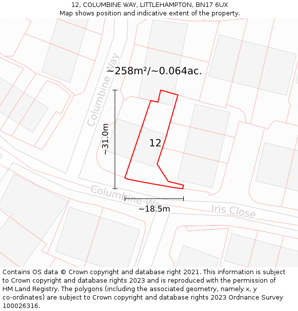 12, COLUMBINE WAY, LITTLEHAMPTON, BN17 6UX: Plot and title map