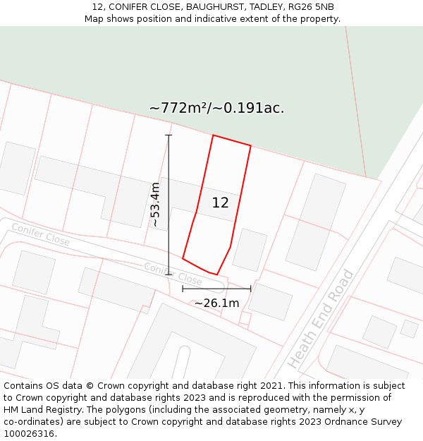 12, CONIFER CLOSE, BAUGHURST, TADLEY, RG26 5NB: Plot and title map