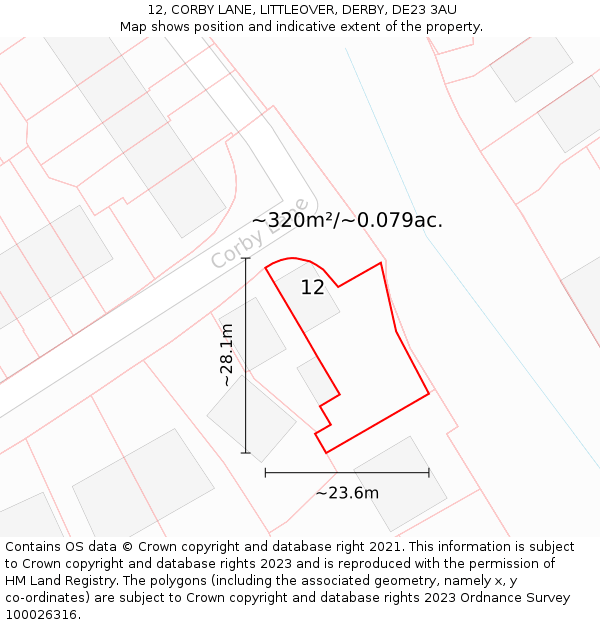 12, CORBY LANE, LITTLEOVER, DERBY, DE23 3AU: Plot and title map