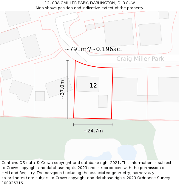 12, CRAIGMILLER PARK, DARLINGTON, DL3 8UW: Plot and title map