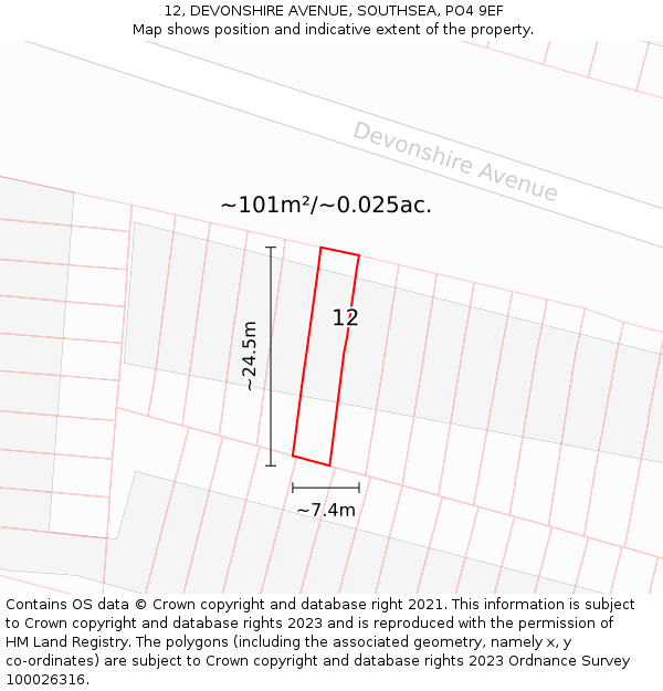 12, DEVONSHIRE AVENUE, SOUTHSEA, PO4 9EF: Plot and title map