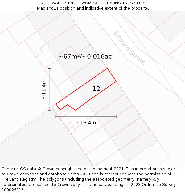 12, EDWARD STREET, WOMBWELL, BARNSLEY, S73 0BH: Plot and title map