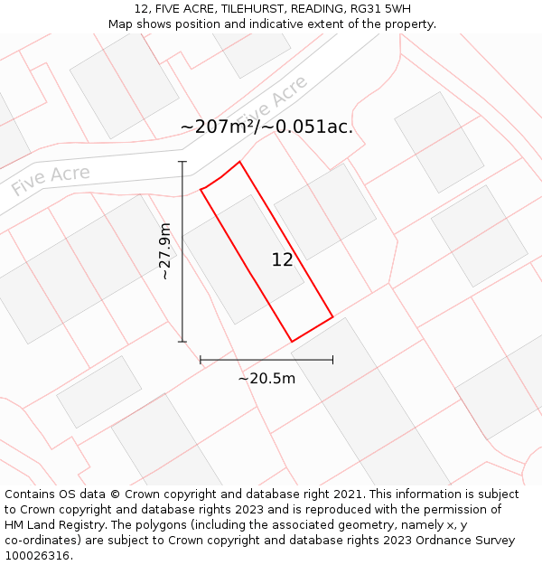 12, FIVE ACRE, TILEHURST, READING, RG31 5WH: Plot and title map