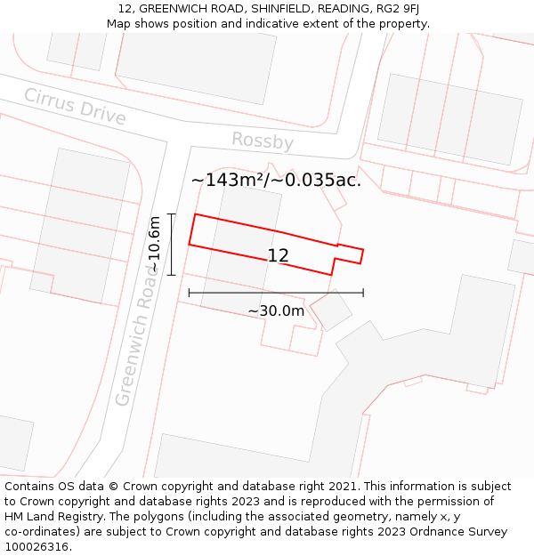 12, GREENWICH ROAD, SHINFIELD, READING, RG2 9FJ: Plot and title map