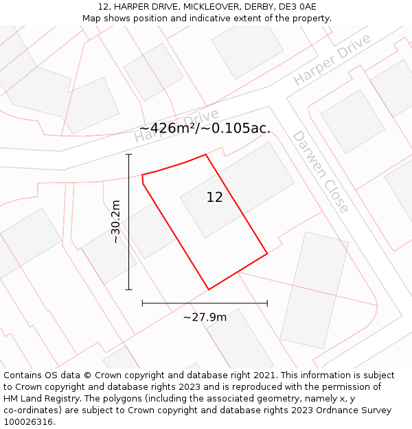 12, HARPER DRIVE, MICKLEOVER, DERBY, DE3 0AE: Plot and title map