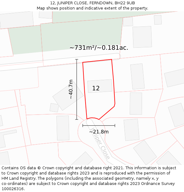 12, JUNIPER CLOSE, FERNDOWN, BH22 9UB: Plot and title map