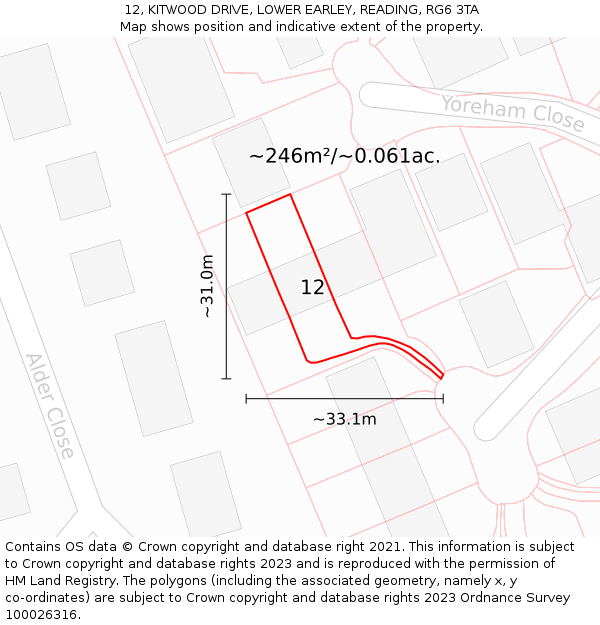 12, KITWOOD DRIVE, LOWER EARLEY, READING, RG6 3TA: Plot and title map