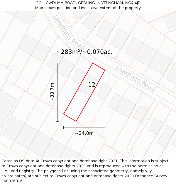 12, LOWDHAM ROAD, GEDLING, NOTTINGHAM, NG4 4JP: Plot and title map