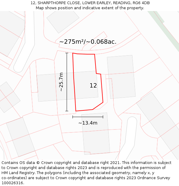 12, SHARPTHORPE CLOSE, LOWER EARLEY, READING, RG6 4DB: Plot and title map