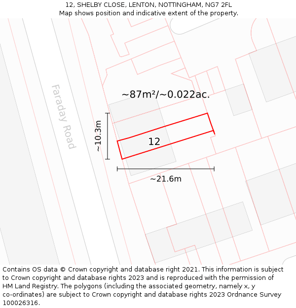 12, SHELBY CLOSE, LENTON, NOTTINGHAM, NG7 2FL: Plot and title map