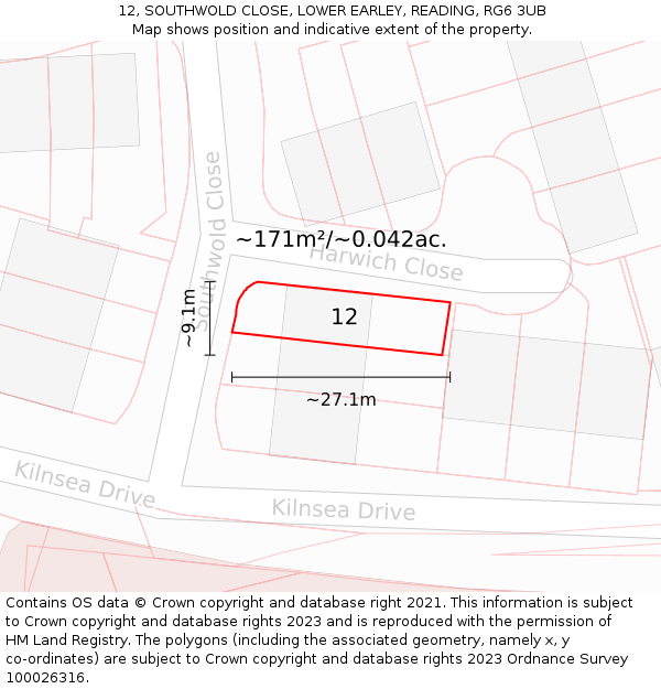 12, SOUTHWOLD CLOSE, LOWER EARLEY, READING, RG6 3UB: Plot and title map