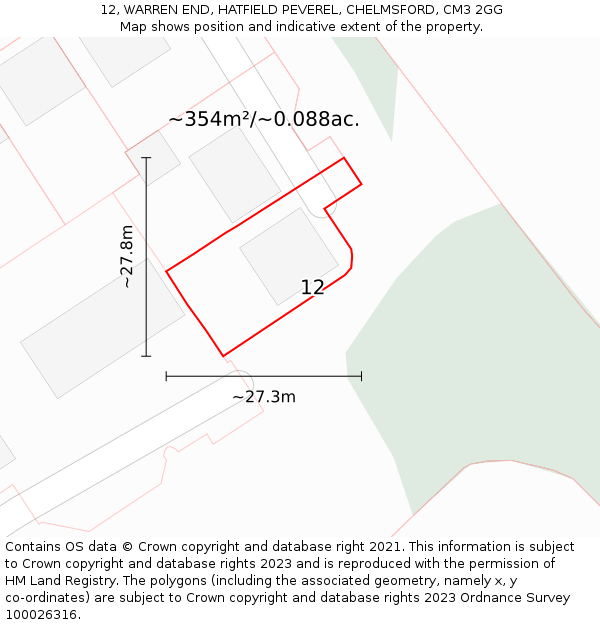 12, WARREN END, HATFIELD PEVEREL, CHELMSFORD, CM3 2GG: Plot and title map