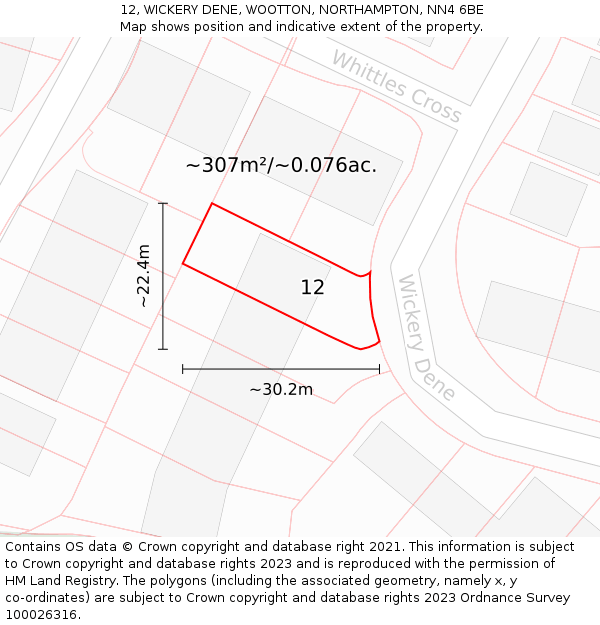 12, WICKERY DENE, WOOTTON, NORTHAMPTON, NN4 6BE: Plot and title map