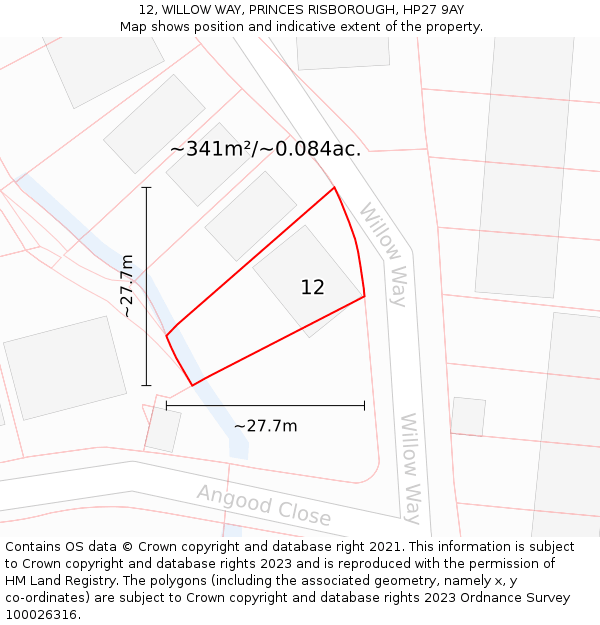 12, WILLOW WAY, PRINCES RISBOROUGH, HP27 9AY: Plot and title map