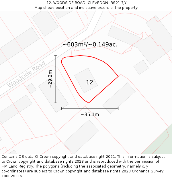 12, WOODSIDE ROAD, CLEVEDON, BS21 7JY: Plot and title map