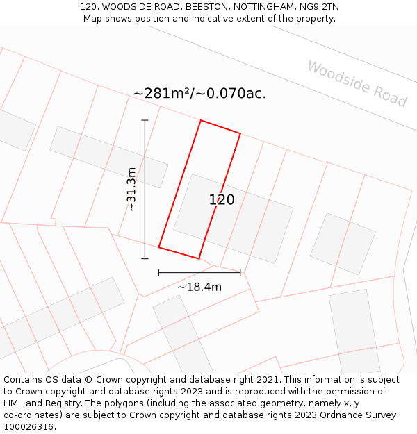 120, WOODSIDE ROAD, BEESTON, NOTTINGHAM, NG9 2TN: Plot and title map
